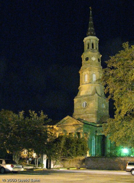 Nighttime photo of Charleston, SC church. What stories have unfolded in the shadow of that steeple?