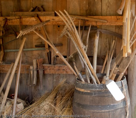 20090830-20090830-Sunday-Yorktown-33 Rakes, hoes, and other tools at Yorktown, Virginia farm shed