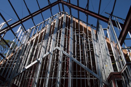 Strong lines, angles and verticals are revealed in the framing of the new worship center at St. John.
