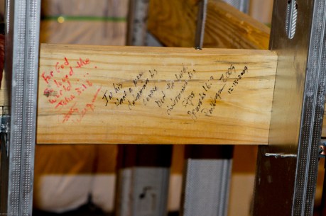 Bible verses on blocking within the walls of new worship center at St. John Lutheran Church in Cypress, Texas.