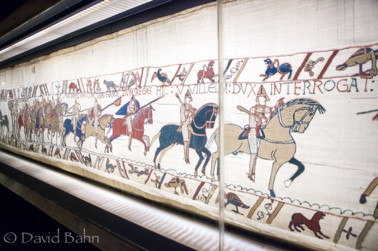 This Bayeux Tapestry is an embroidered cloth nearly 70 metres (230 ft) long, which depicts the events leading up to the battle of Hastings.