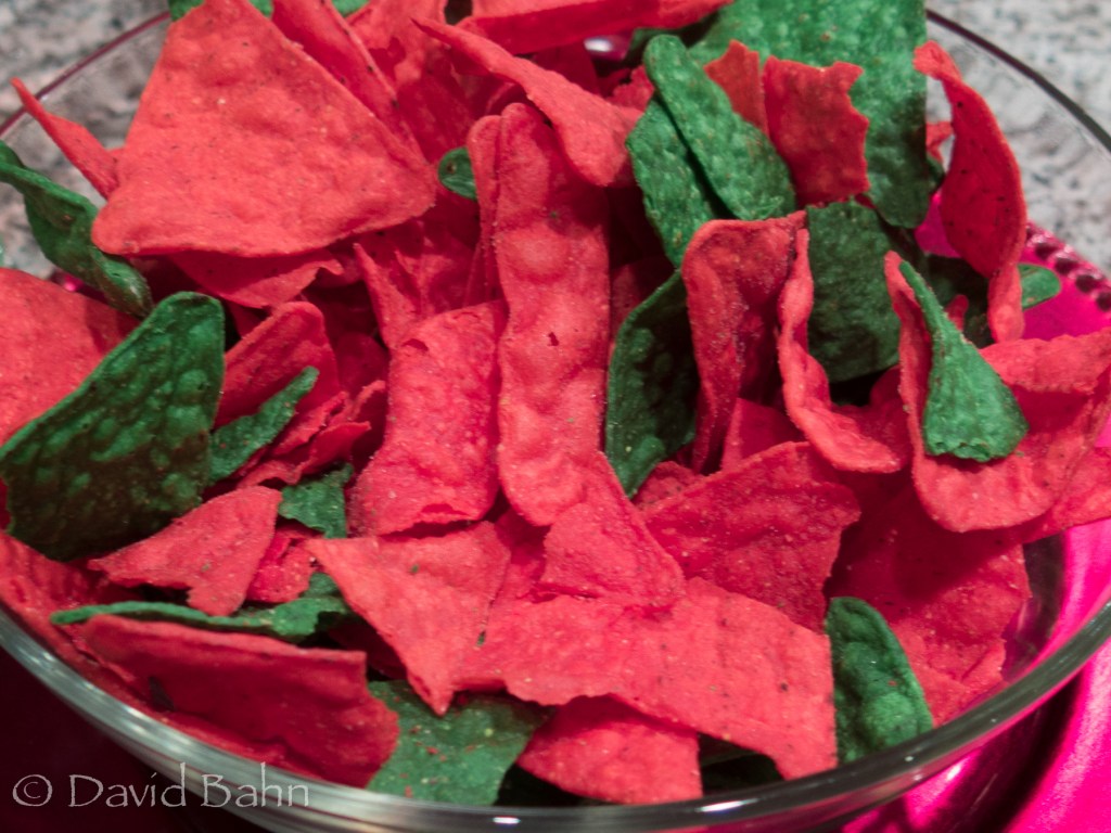 Red and green tortilla chips  are part of the festive food offerings at our photo club dinner.